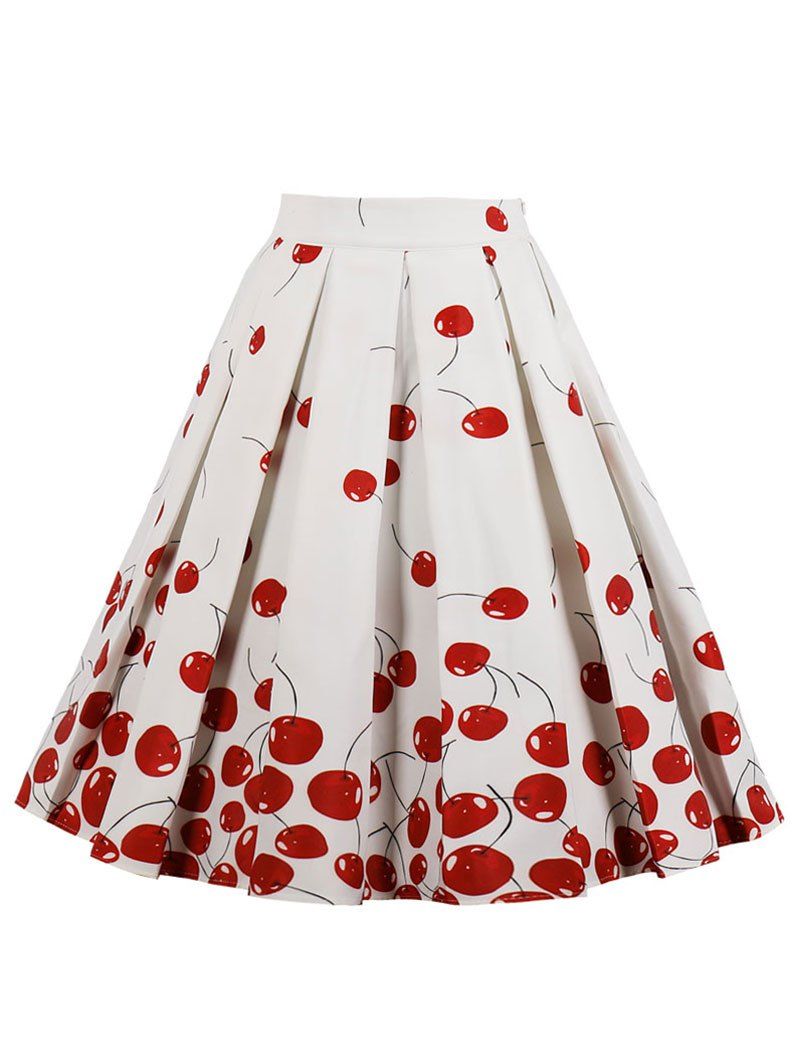 

High Waisted Cherry Print Midi Skirt, White
