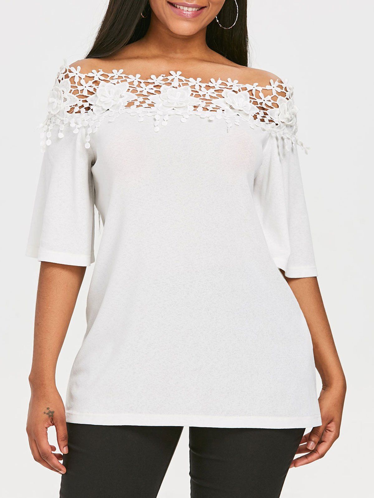 

Lace Insert Slash Neck Blouse, White
