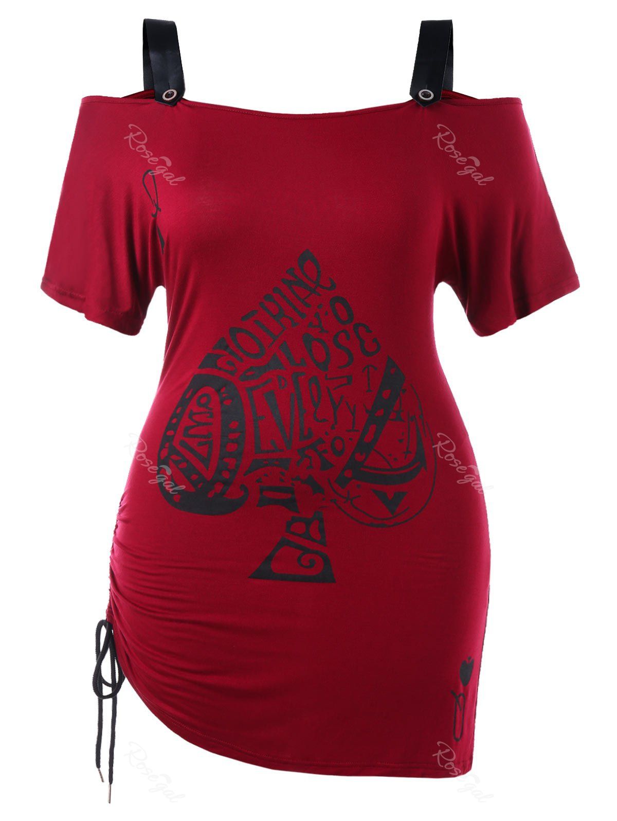 

Cold Shoulder Printed Ruched Plus Size Tee, Red wine