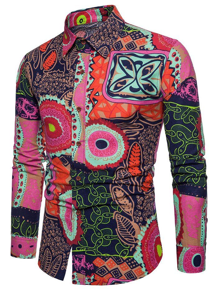 

Geometric Print Vintage Long Sleeve Shirt, Red