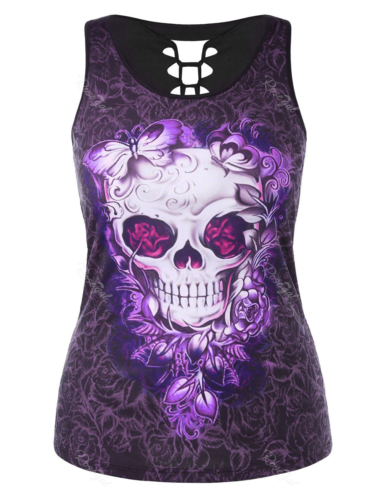 

Plus Size Cutout Skull Butterfly Print Summer Top, Purple