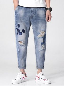 Ornamento floral jeans estrechos jeans - BLUE GRAY - 36