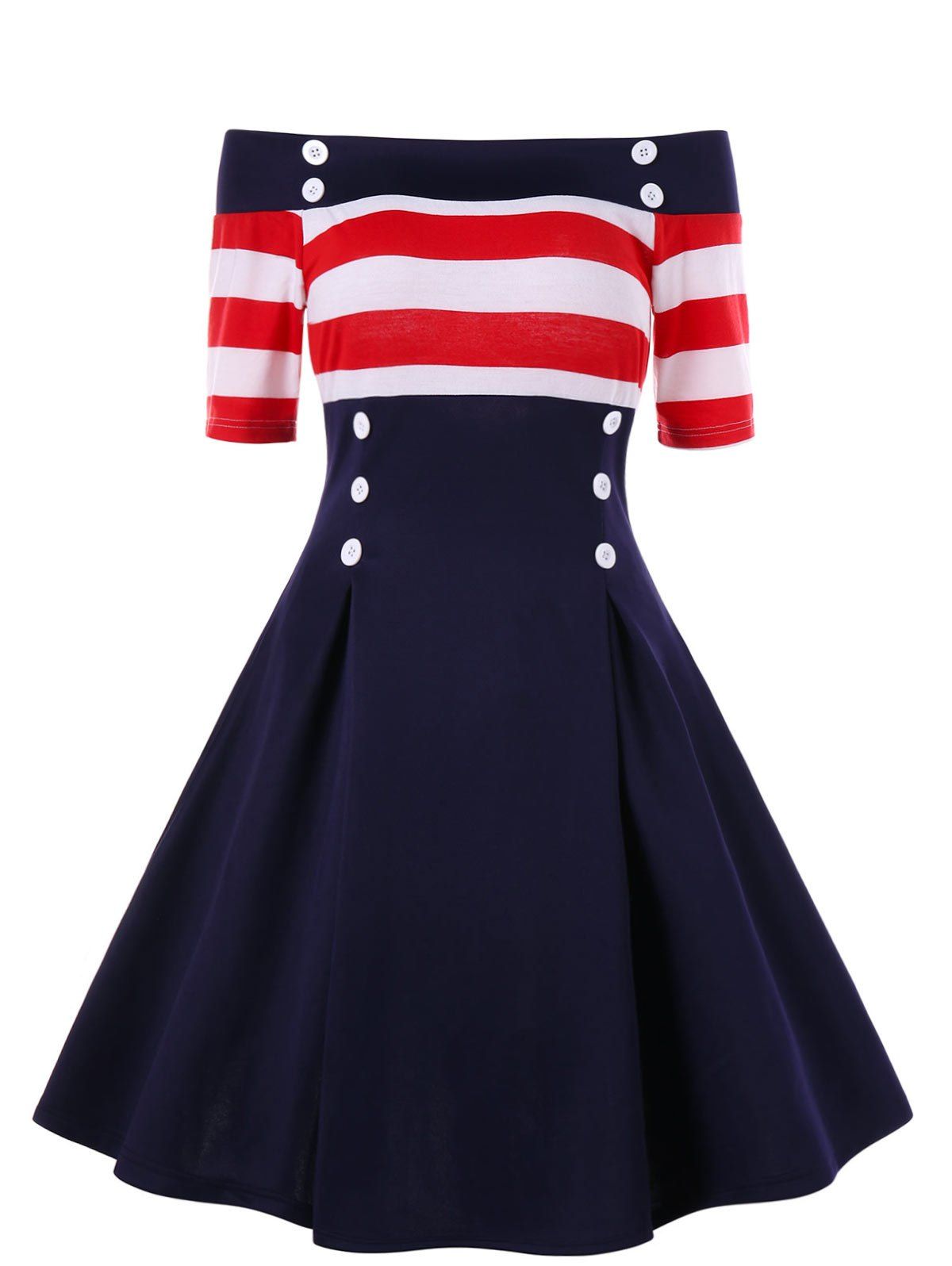 

Retro Off Shoulder Stripe Party Skater Dress, Navy blue