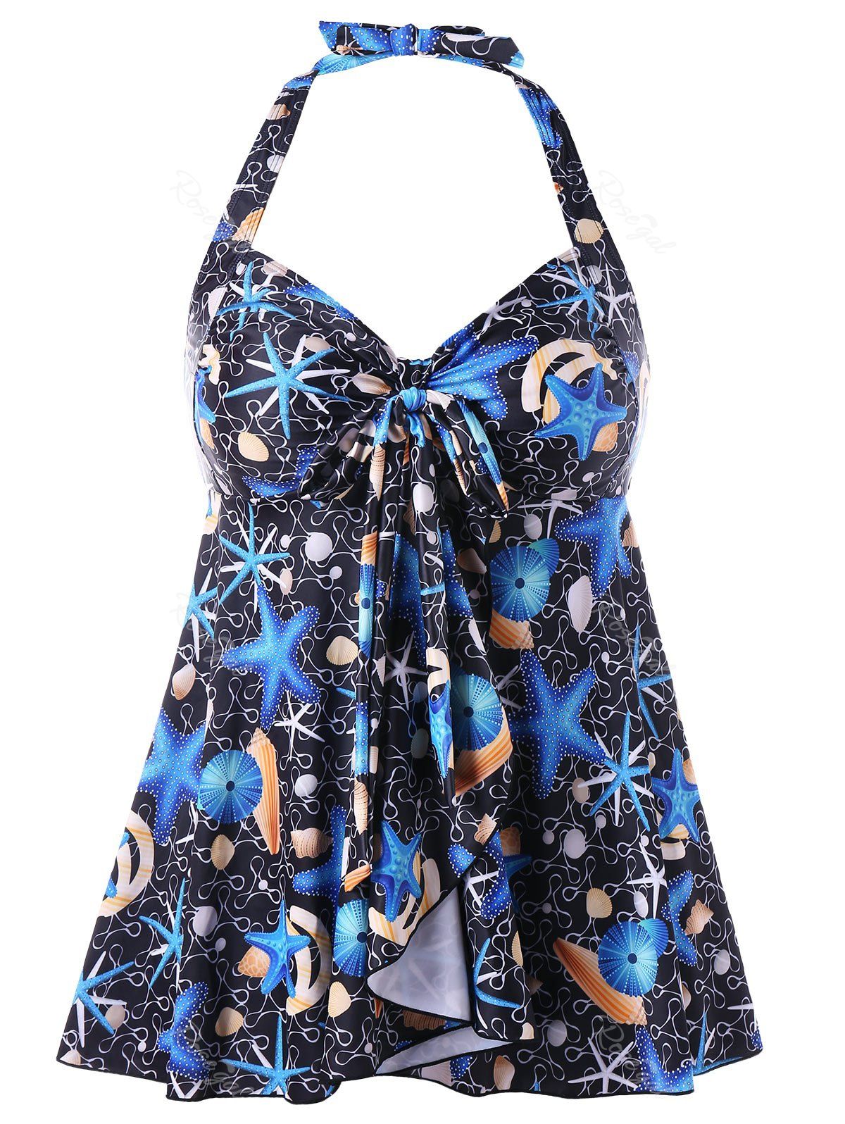 

Plus Size Starfish Print Slit Tankini Set, Ocean blue