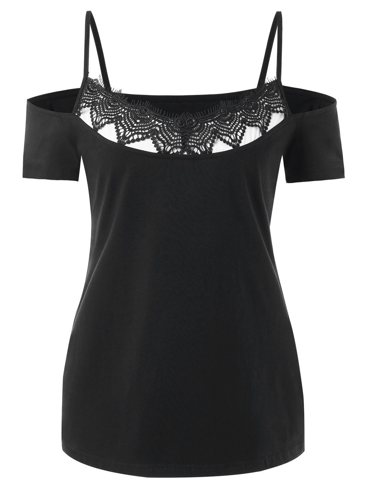 

Spaghetti Strap Lace Insert Open Shoulder Tee, Black