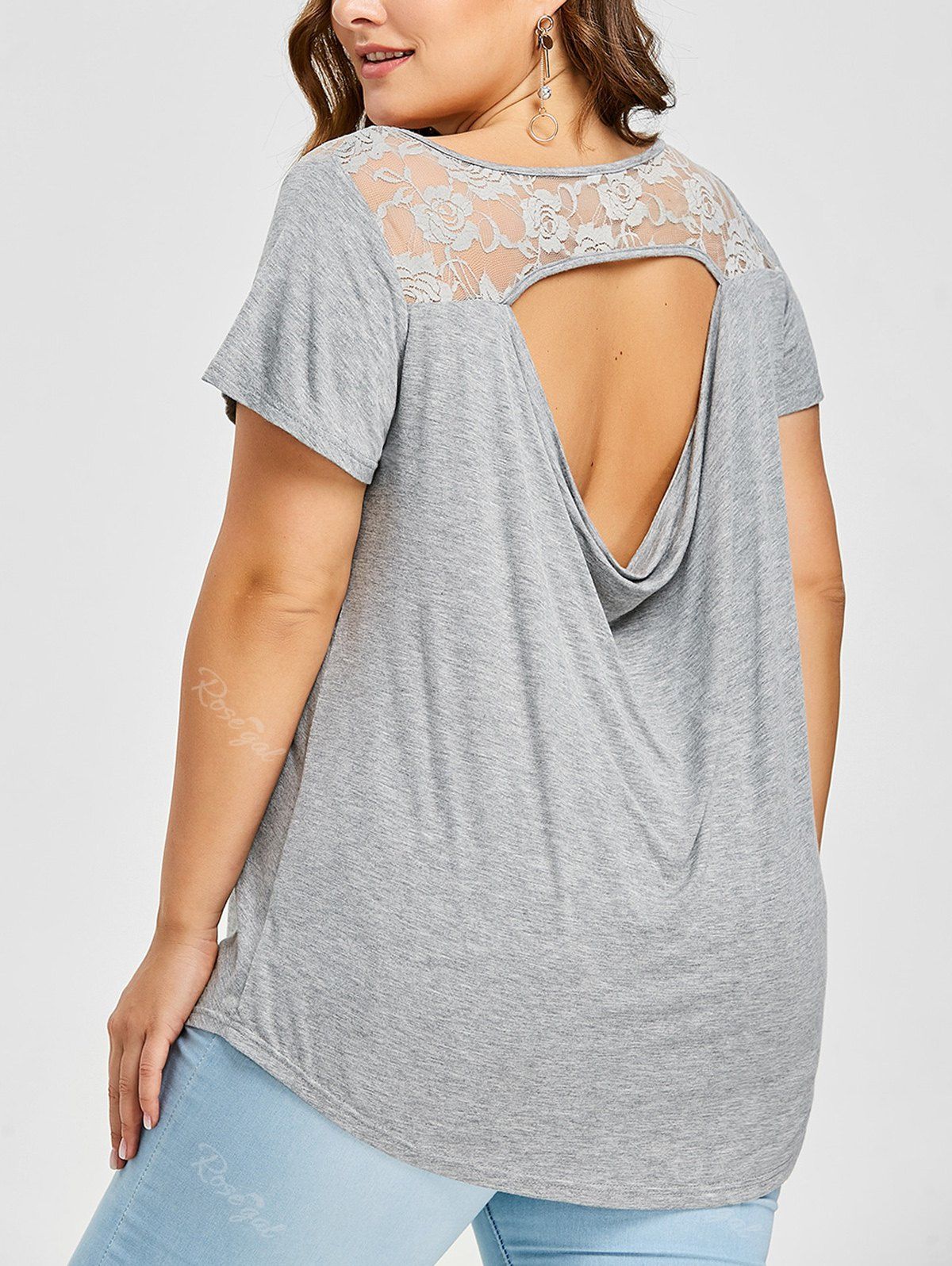 Plus Size Lace Trim Open Back T-shirt [31% OFF] | Rosegal
