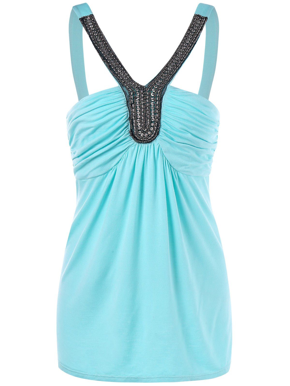 

Open Back Tank Top With Beads, Light blue