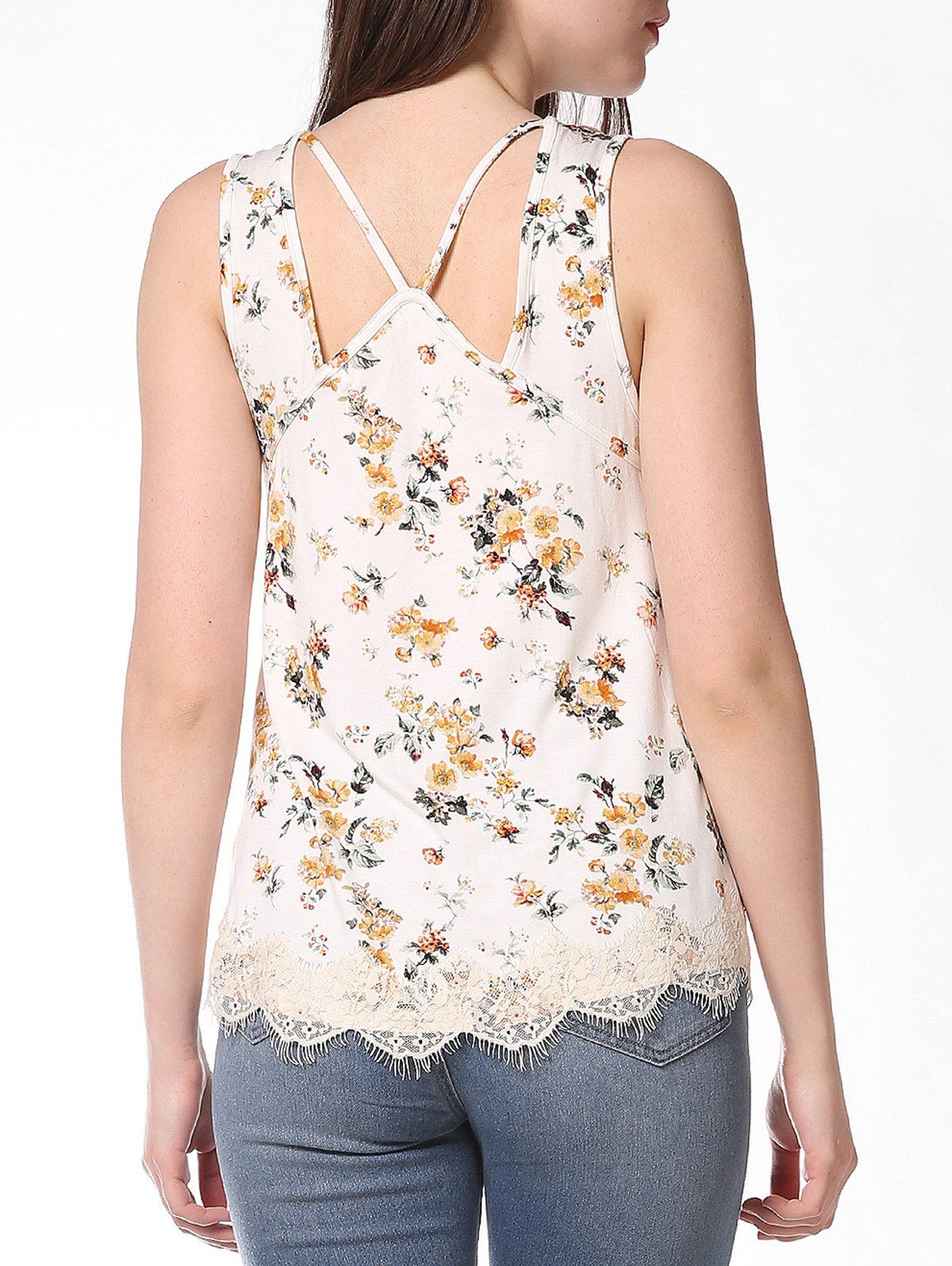 

Floral Print Lace Pendulum Sleeveless Tank Top, Milk white