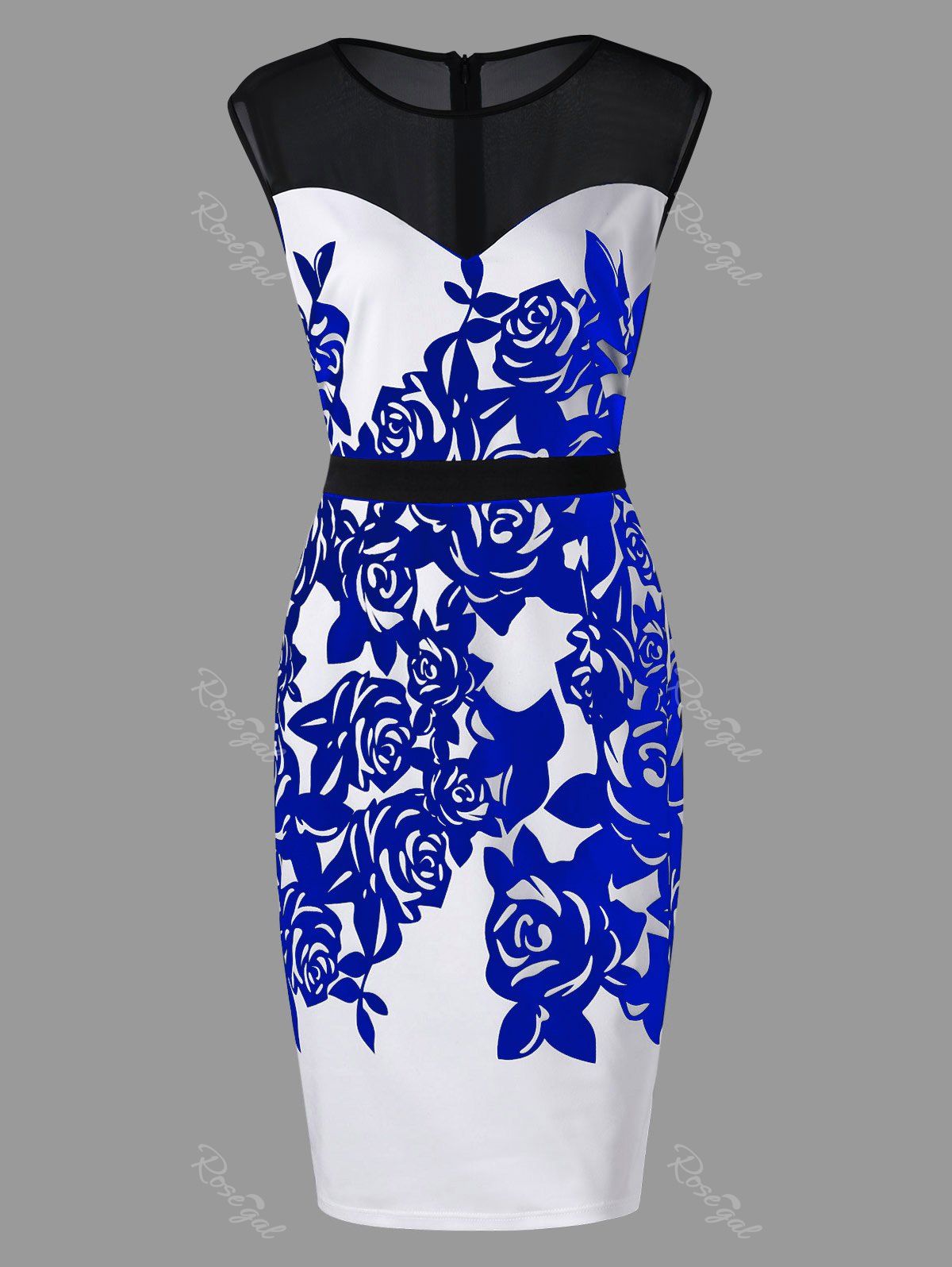 

Plus Size Flower Print Mesh Panel Work Dress, Blue orchid