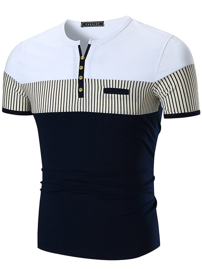

Button Embellished Stripe Panel Notch Neck T-shirt, Deep blue