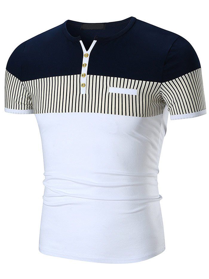 

Button Embellished Stripe Panel Notch Neck T-shirt, White