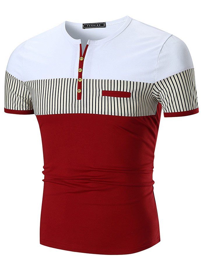 

Button Embellished Stripe Panel Notch Neck T-shirt, Red wine