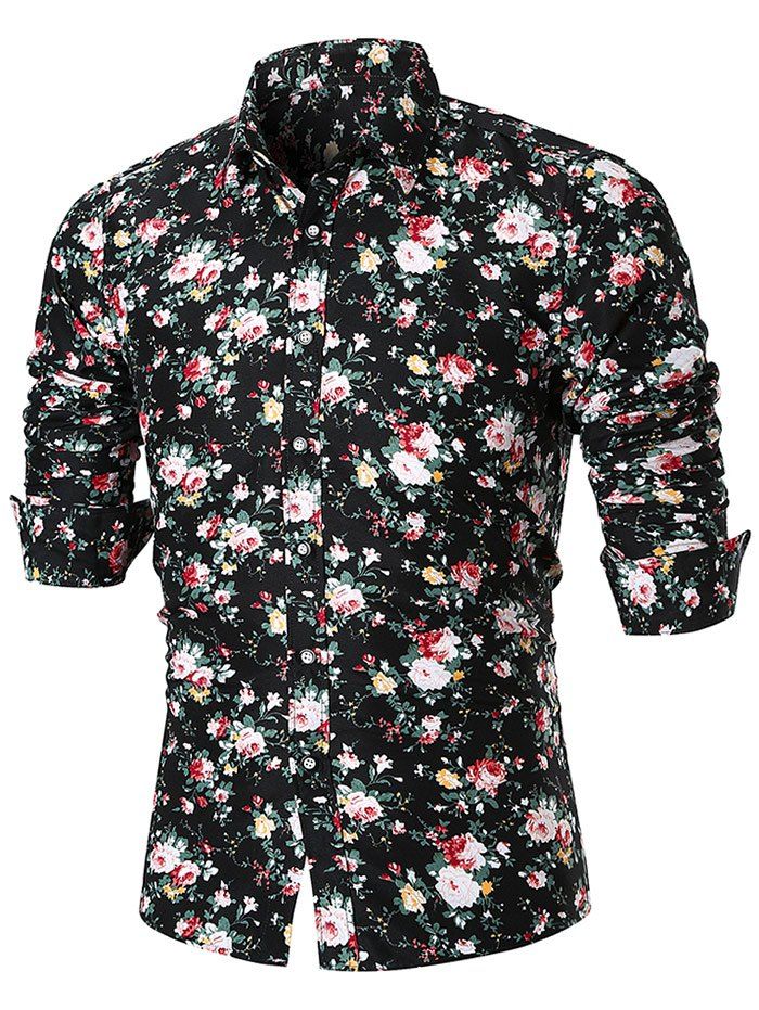 

Retro Colorful Flower Print Long Sleeve Shirt, Black