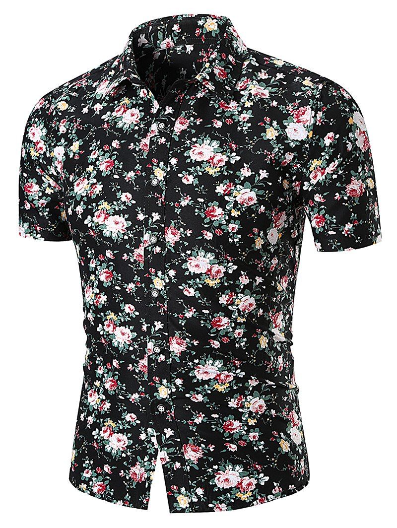

Retro Colorful Flower Print Turn Down Collar Shirt, Black