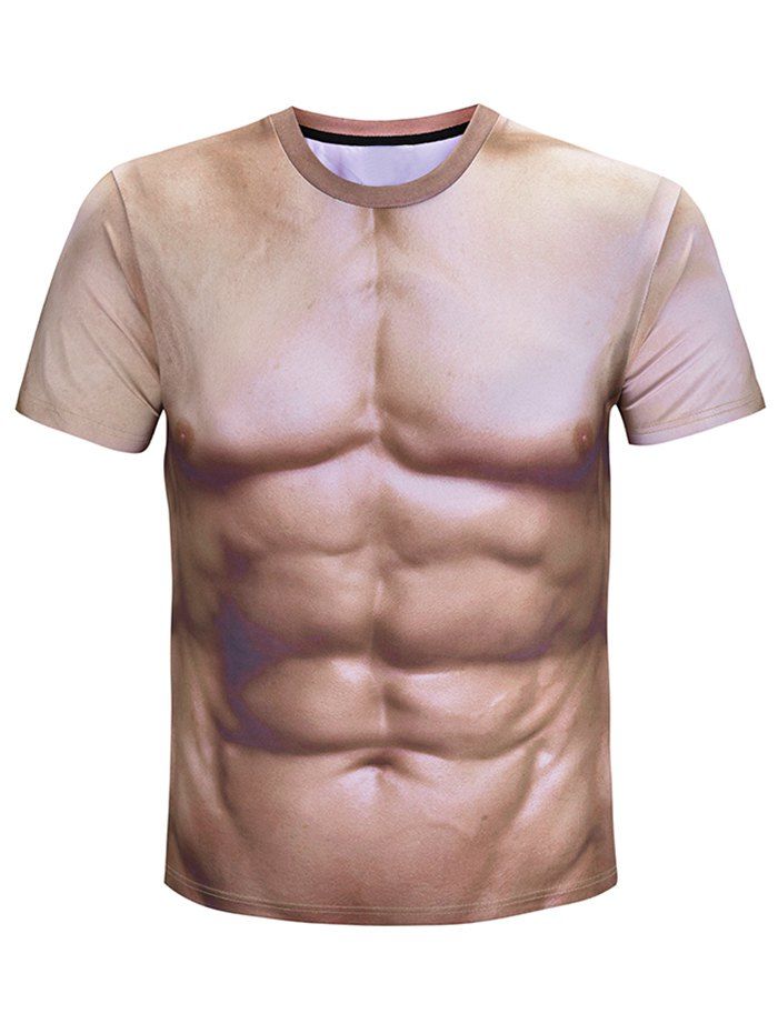 

Crew Neck 3D Muscle Printed T-shirt, Camel brown