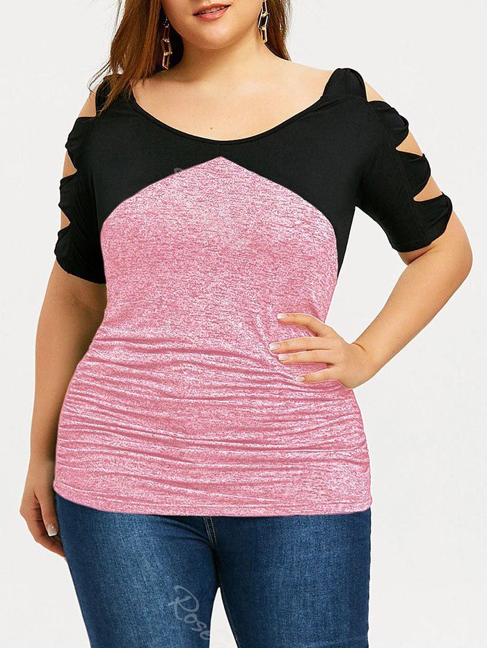 

Plus Size Two Tone Bow Ladder Sleeve T-shirt, Light pink