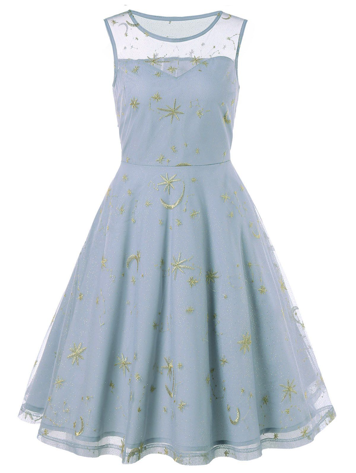 

Retro Moon Stars Embroidered Skater Dress, Lavender blue