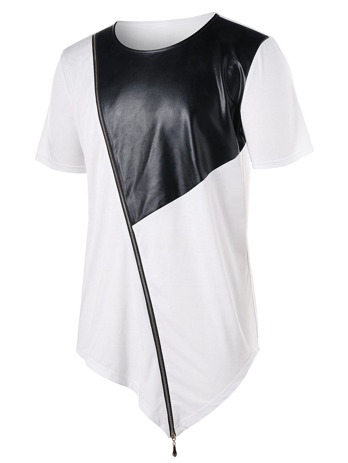 

Zipper PU Leather Panel Asymmetrical T-shirt, White