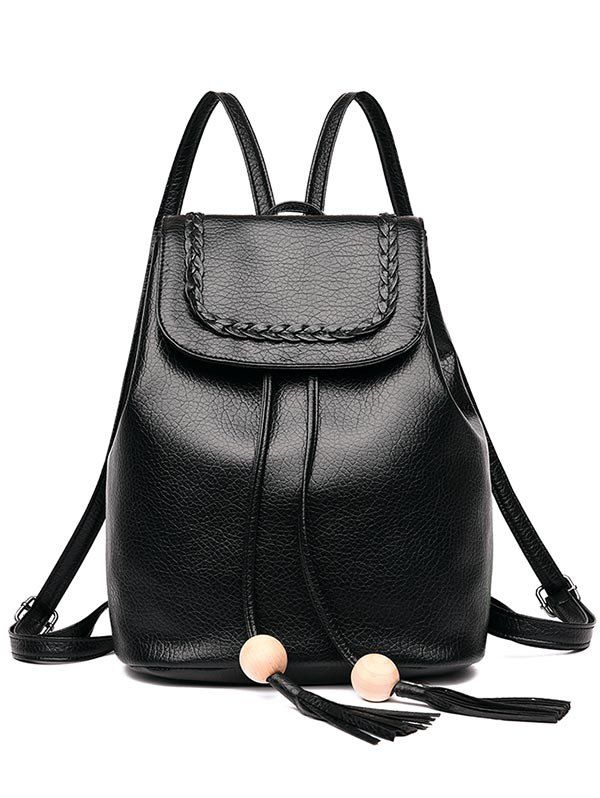 

Outdoor PU Leather Braid Flapped Backpack, Black