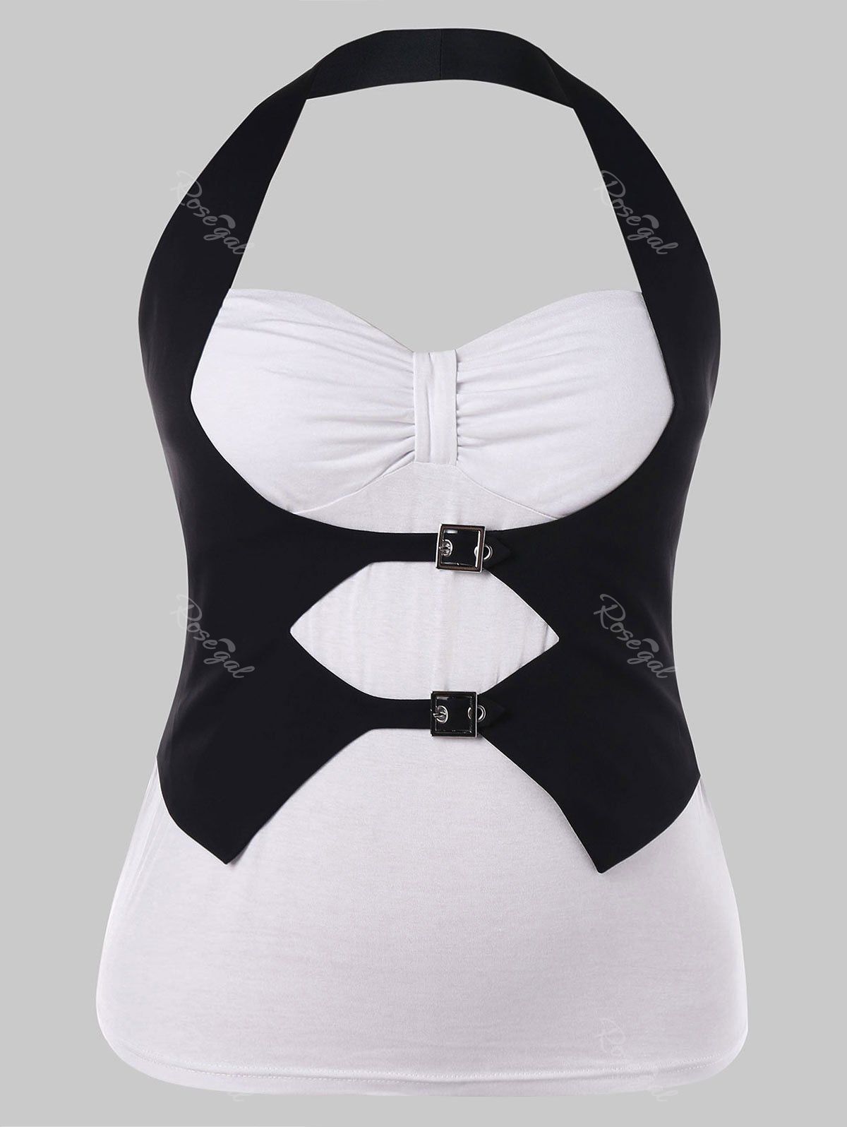 

Plus Size Color Block Halter Tank Top, White and black