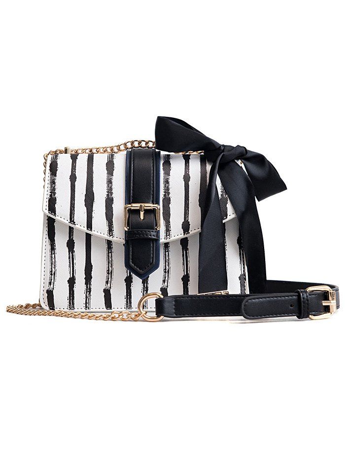 

Ribbon Detail Striped Chain Shoulder Bag, Black