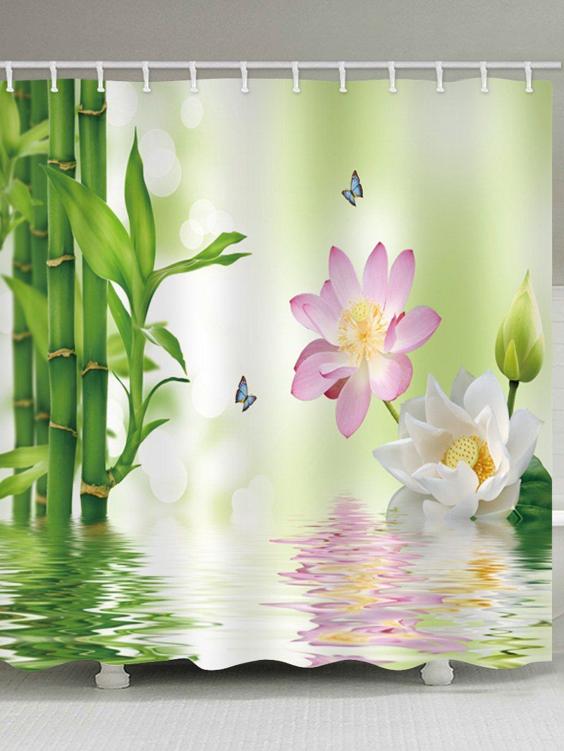 

Bamboo Lotus Pond Print Bathroom Shower Curtain, Green