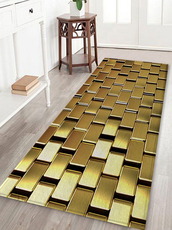 

Shiny Golden Square Metal Print Non Slip Floor Rug, Orange gold