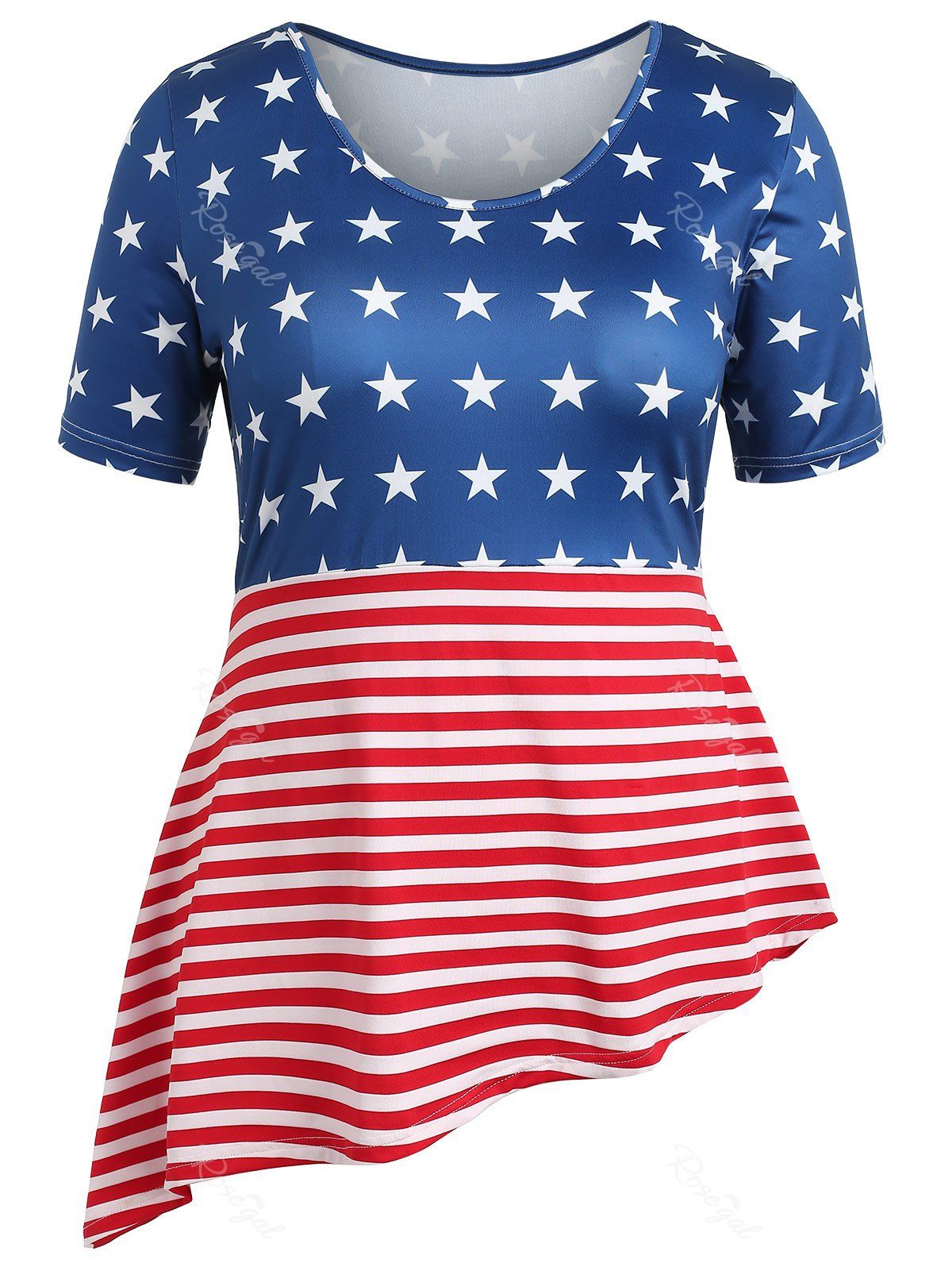 

Plus Size Patriotic American Flag Asymmetrical T-shirt, Red