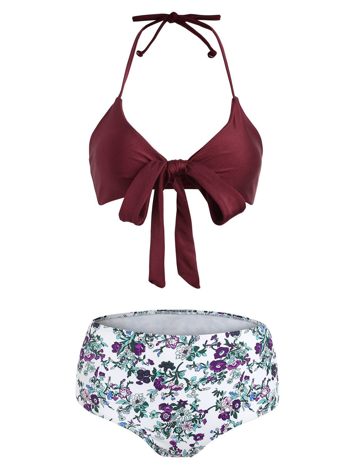 

Flower High Waisted Bikini Set, Red wine