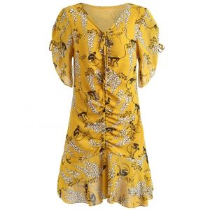 

Flounce Print Ruched Dress, School bus yellow