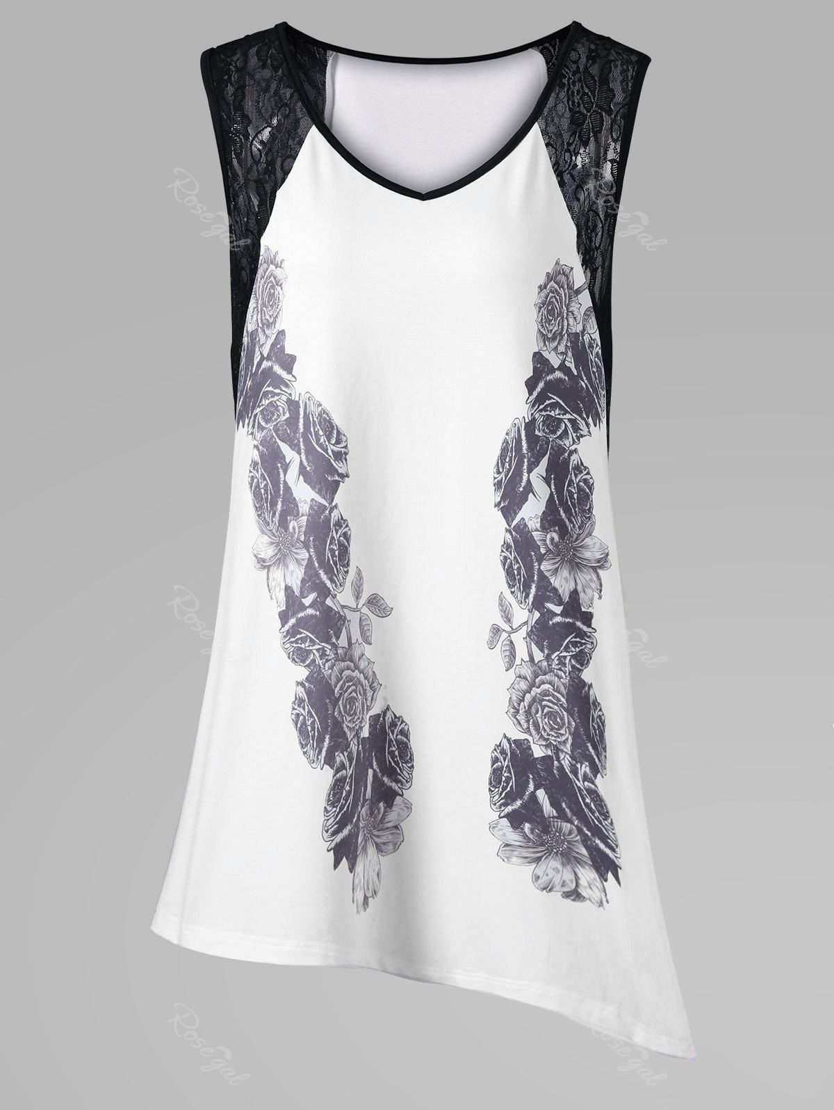 

Plus Size Lace Insert Sleeveless Asymmetric T-Shirt, White