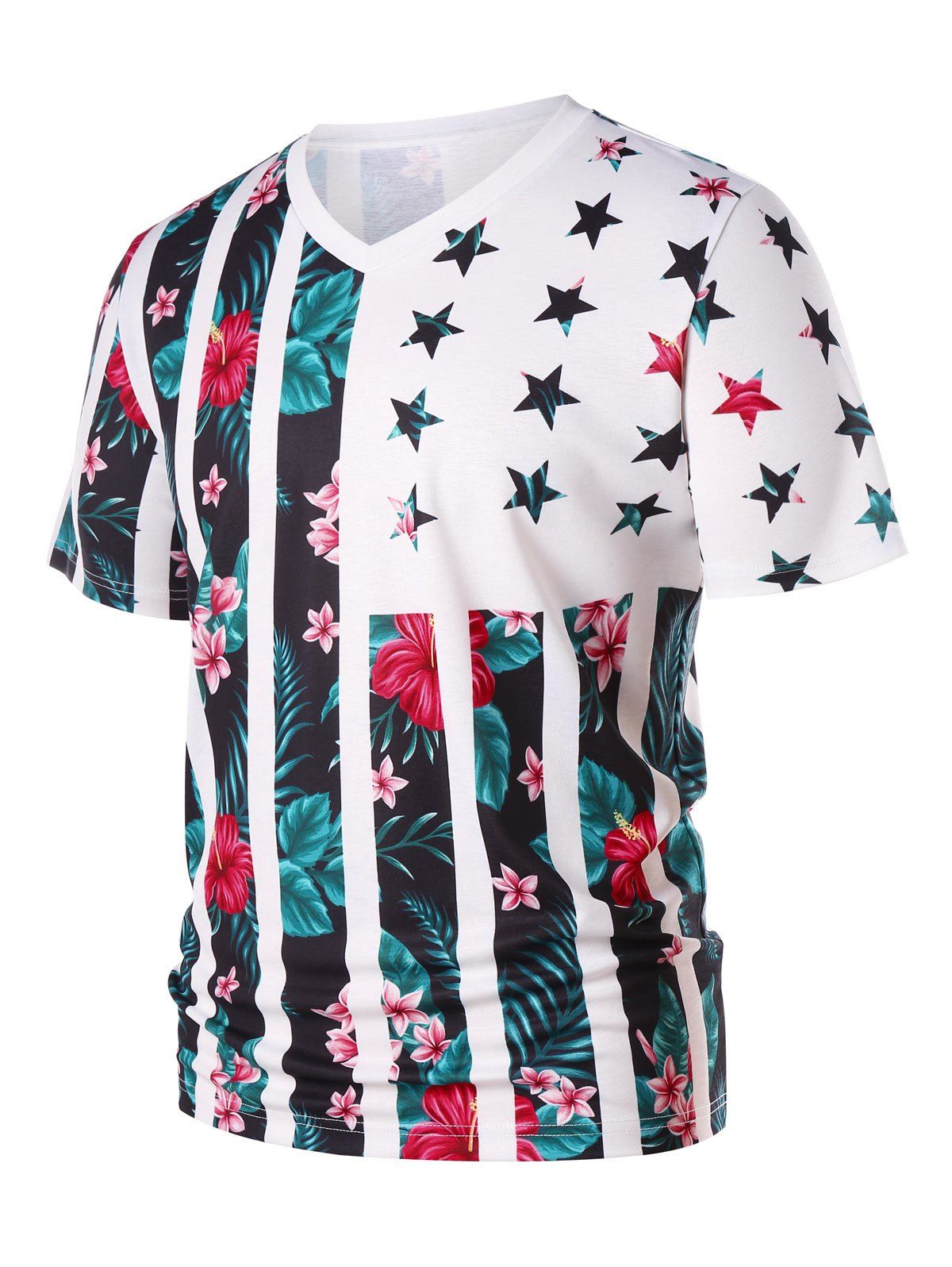 

V Neck Short Sleeve Stars Floral T-shirt, Multi