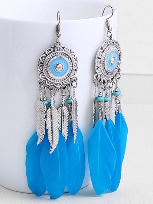

Boho Metal Leaves Fringed Hook Earrings, Butterfly blue