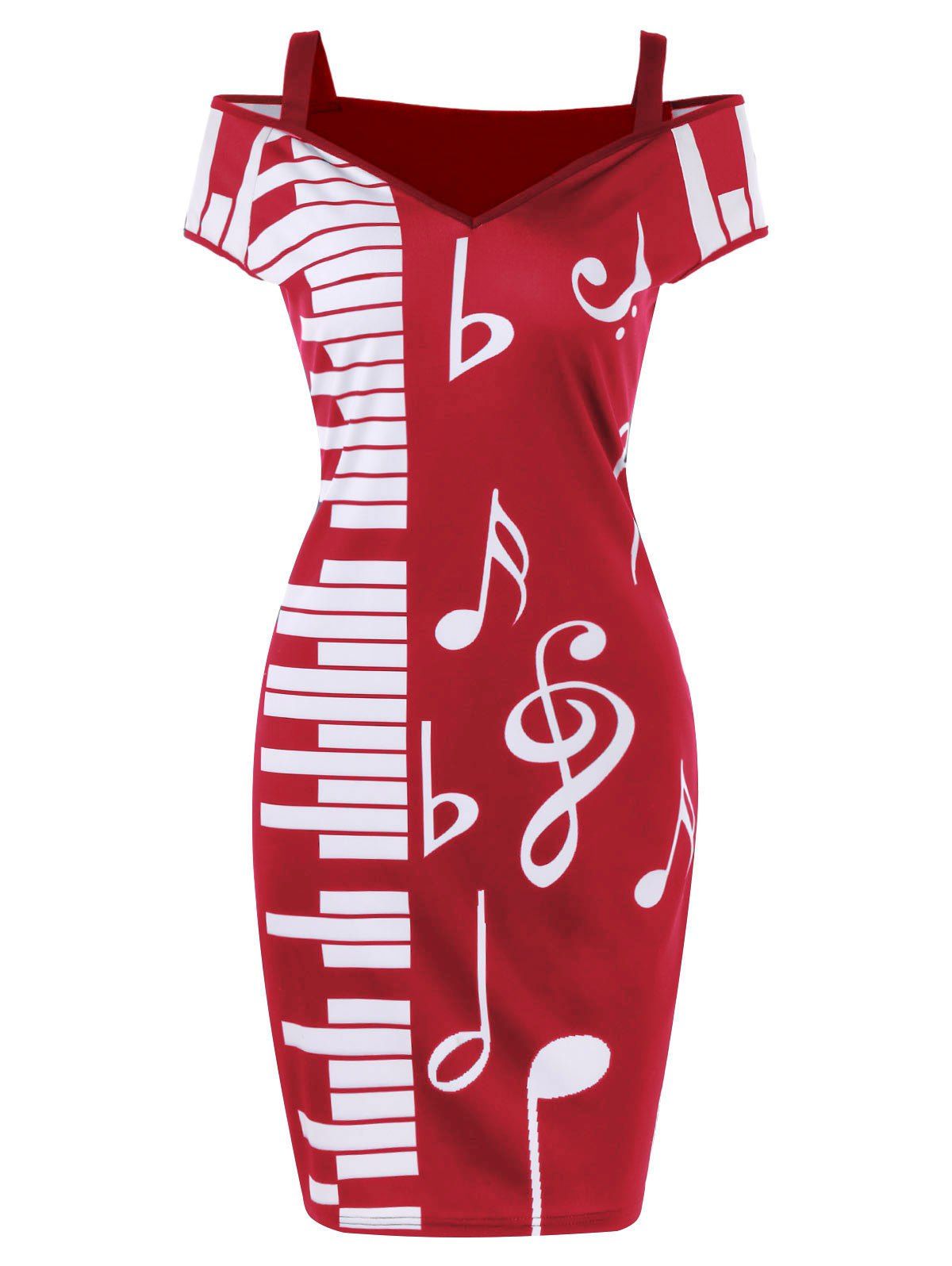 

Cold Shoulder Notes Piano Print Party Dress, Cherry red
