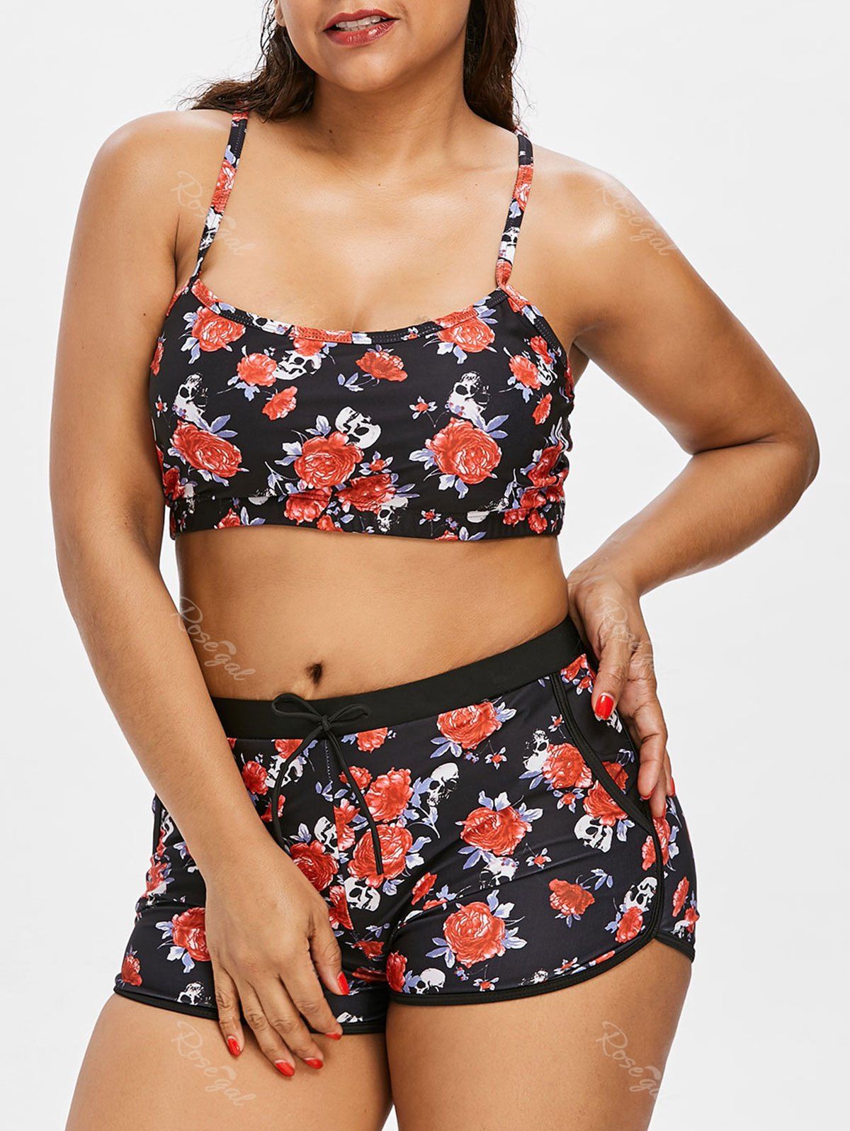 

Plus Size Flower Skull Racerback Tankini Set, Multi