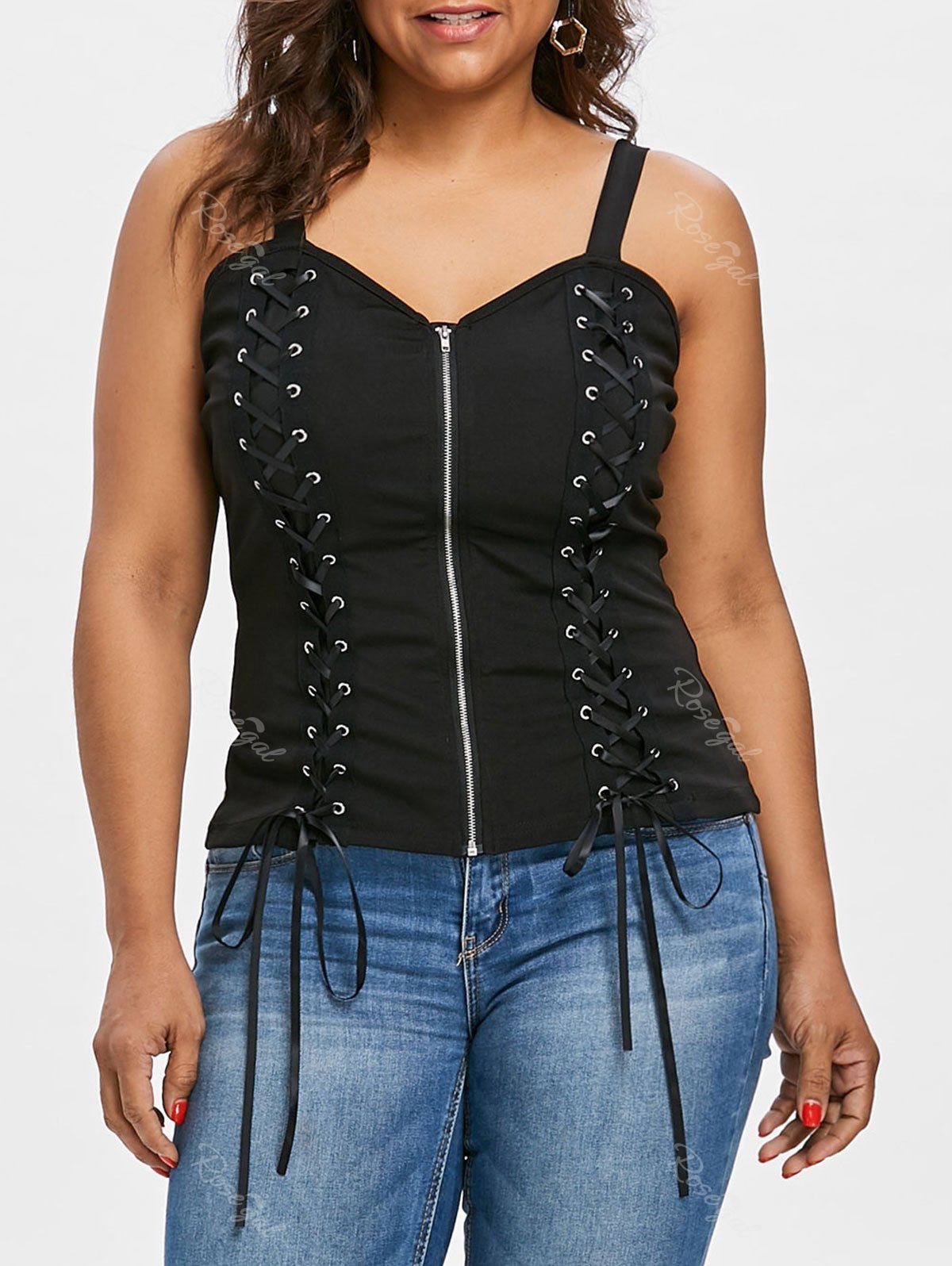 

Zip Up Plus Size Backless Tank Top, Black