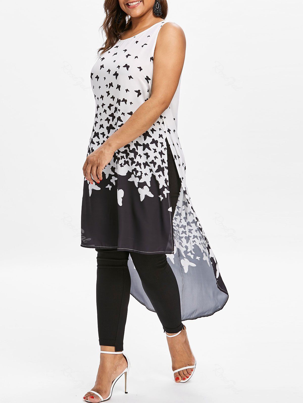 

Plus Size Butterfly Print High Low Tank Top, Black