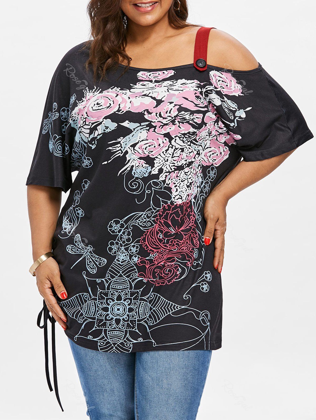 

Plus Size Print Skew Collar T-shirt, Black