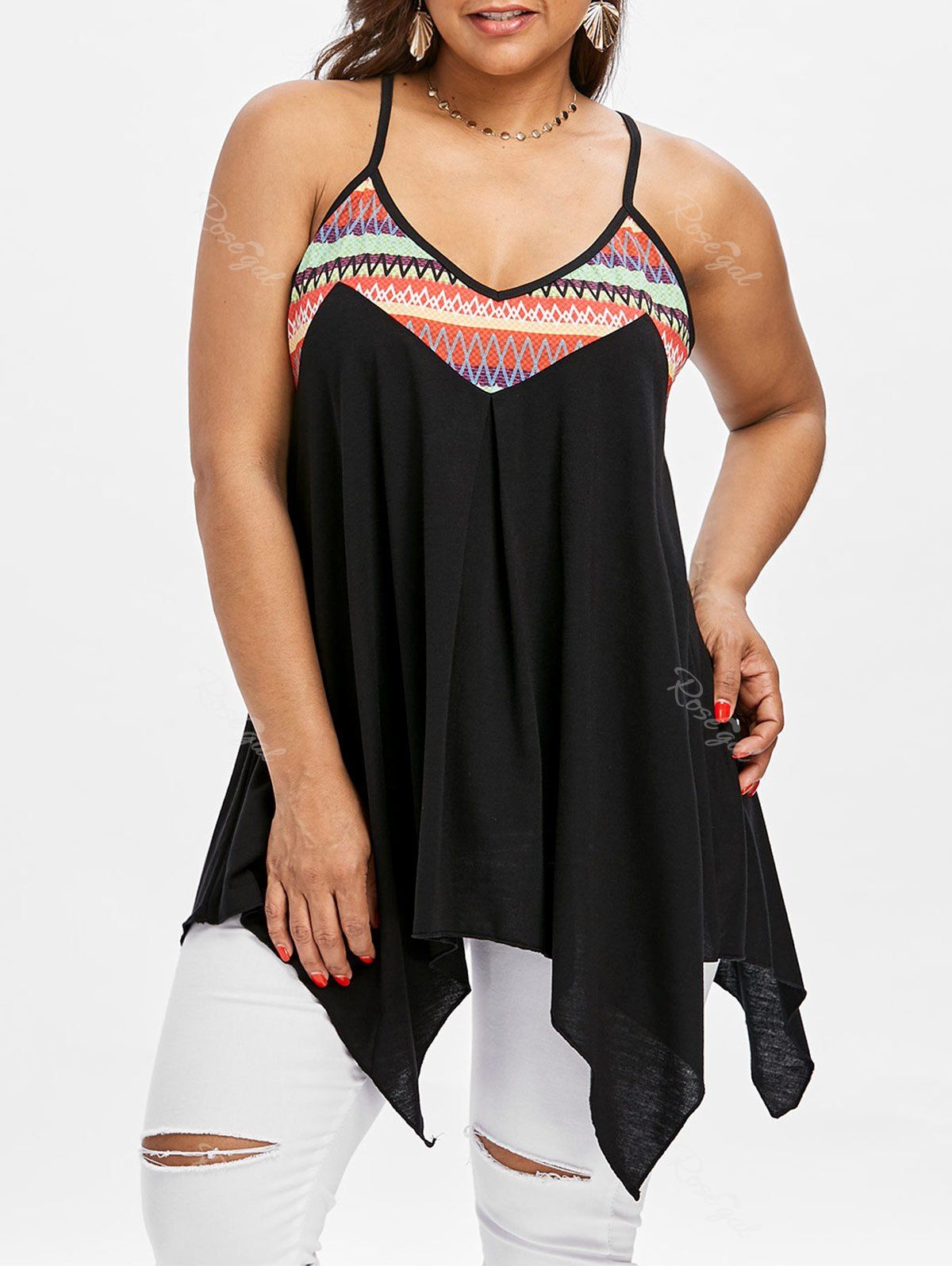 

Plus Size Print Panel Handkerchirf Tank Top, Black