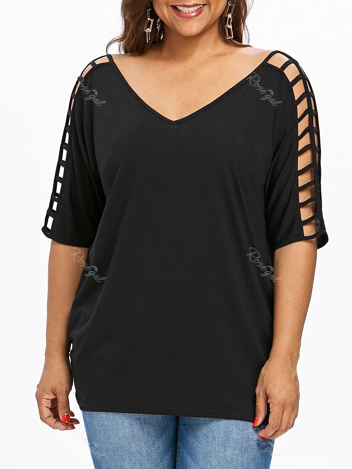 

V Neck Cut Out Plus Size Tunic Tee, Black