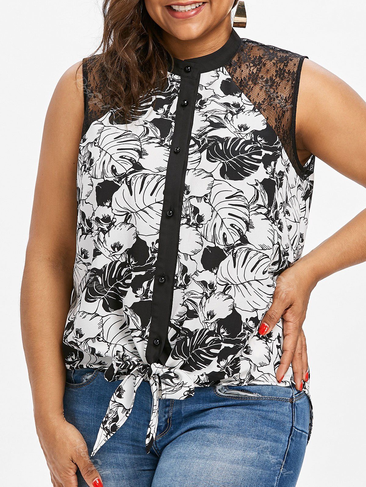 

Lace Insert Plus Size Sleeveless Blouse, Black