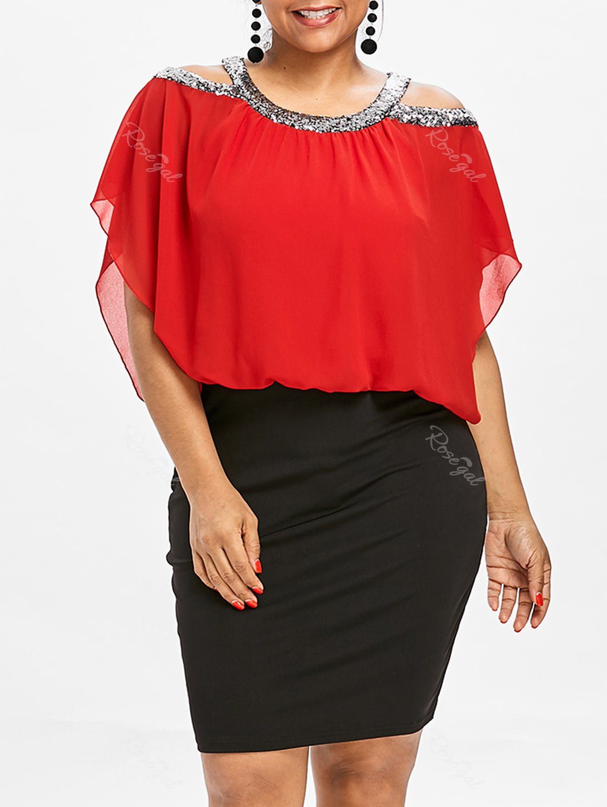 

Plus Size Cut Out Sequined Blouson Dress, Ruby red