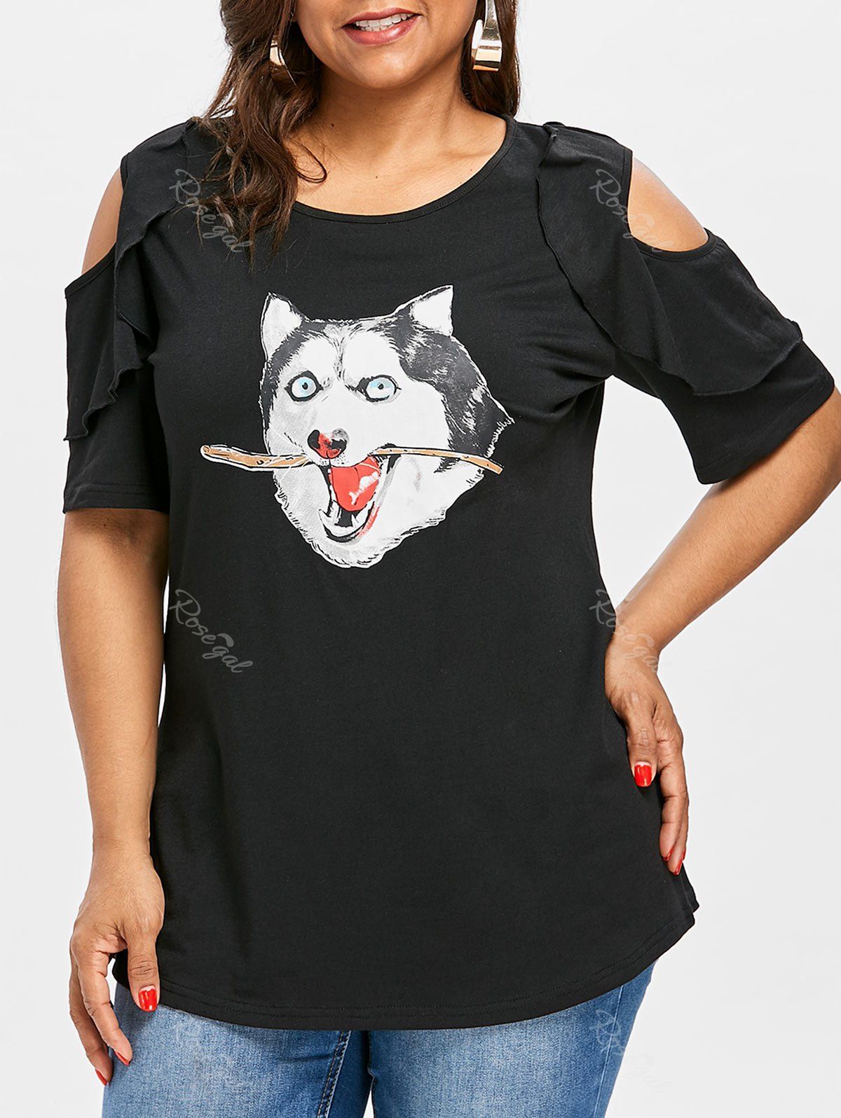 

Plus Size Ruffle Panel Dog Pattern T-shirt, Black