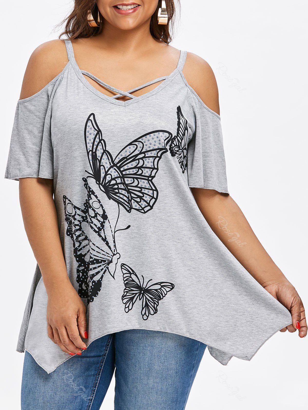 

Plus Size Butterfly Print Sharkbite Hem T-shirt, Light gray