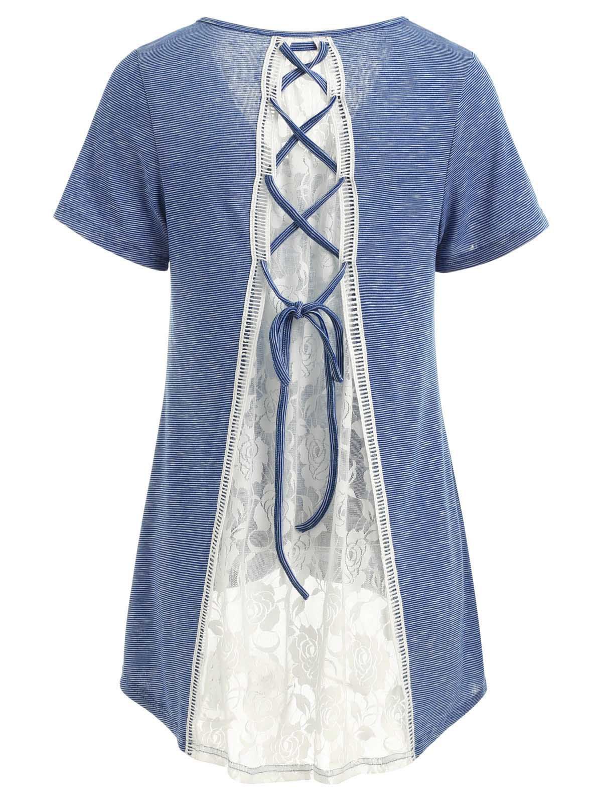 

Criss Cross Lace Back Striped T-shirt, Blue