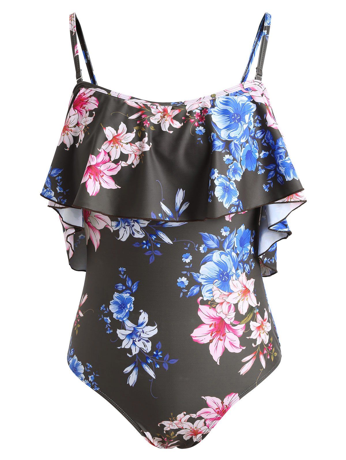 

High Leg Floral Flounce Swimsuit, Vampire gray