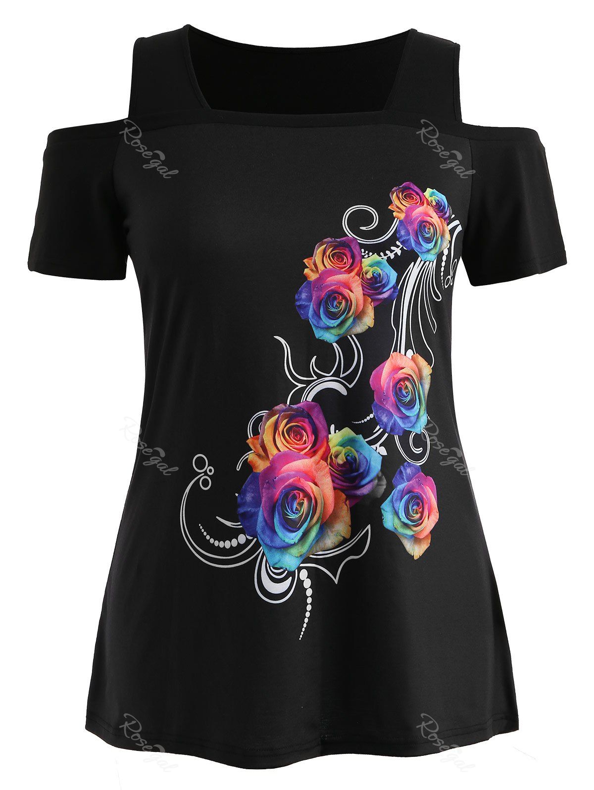 

Plus Size Rose Cold Shoulder T-shirt, Black