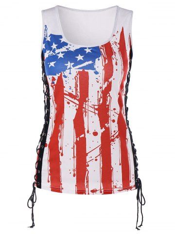 U Neck Lace Up American Flag Tank Top, White