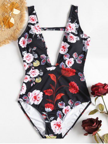 Trendy Plunge Flower One Piece Swimsuit  