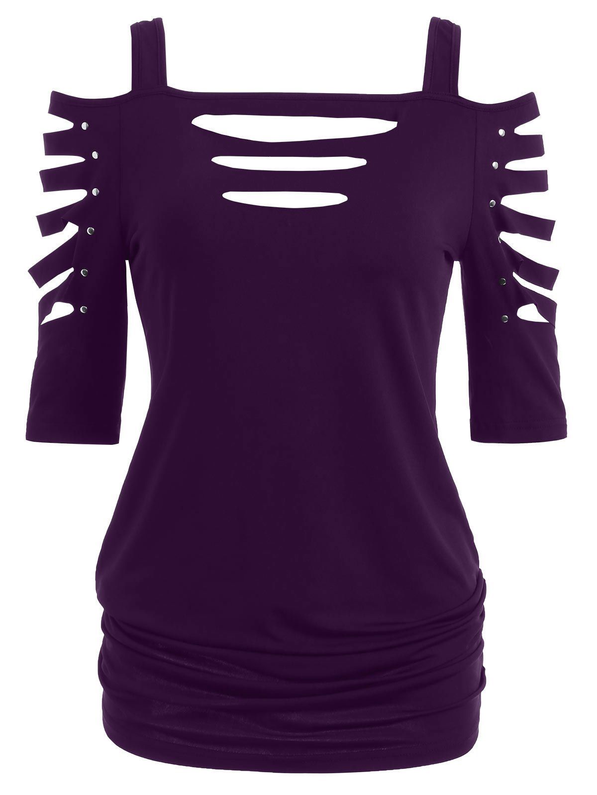 

Cold Shoulder Ripped Sleeve T-shirt, Purple iris
